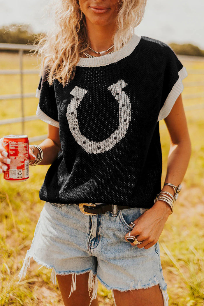 Black Horse Shoe Pattern Contrast Trim Short Sleeve Sweater - S - Sweaters & Cardigans/Short