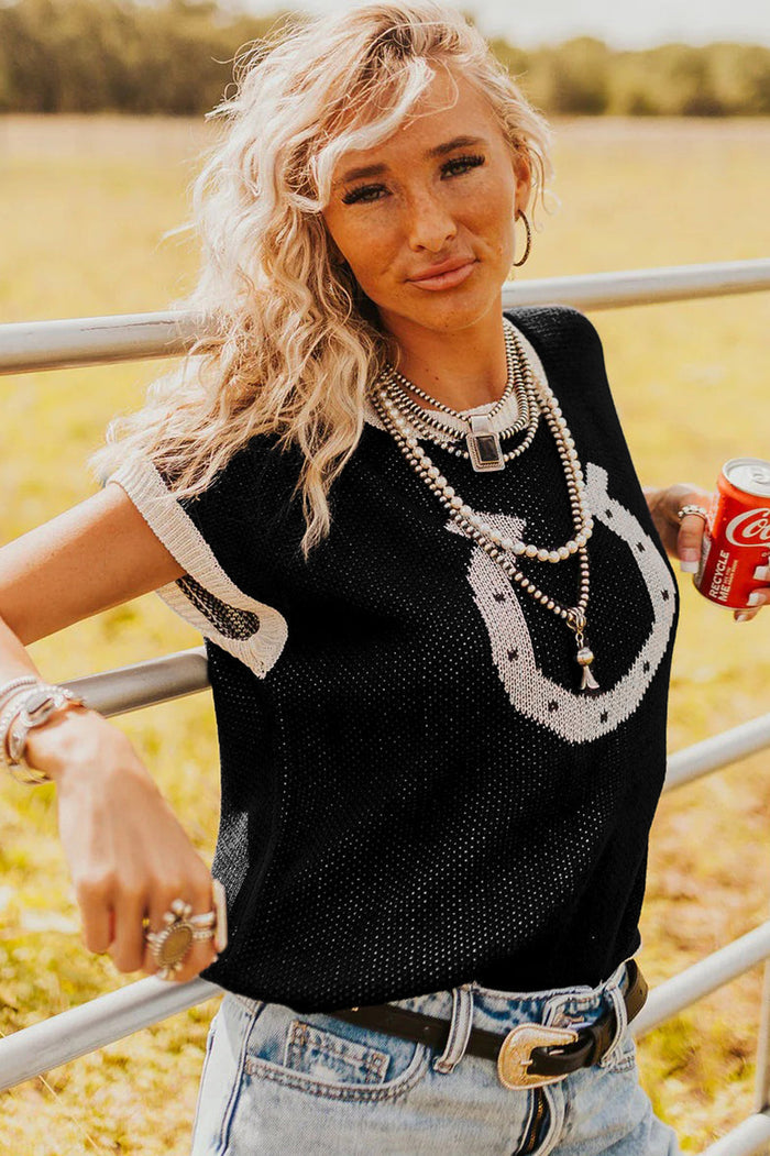 Black Horse Shoe Pattern Contrast Trim Short Sleeve Sweater - Sweaters & Cardigans/Short
