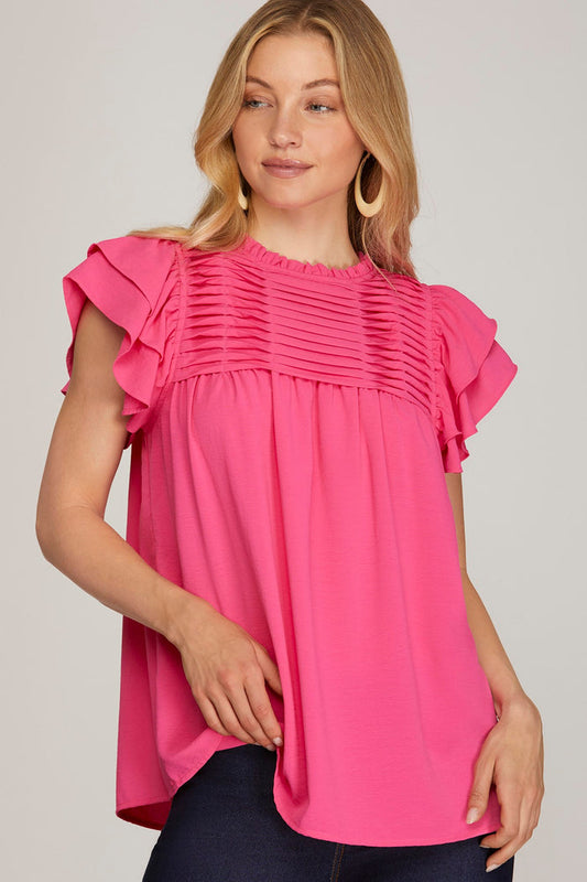 Hot Pink Ruffle Sleeve Pleated Top
