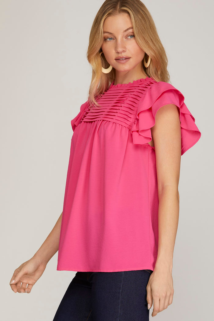 Hot Pink Ruffle Sleeve Pleated Top