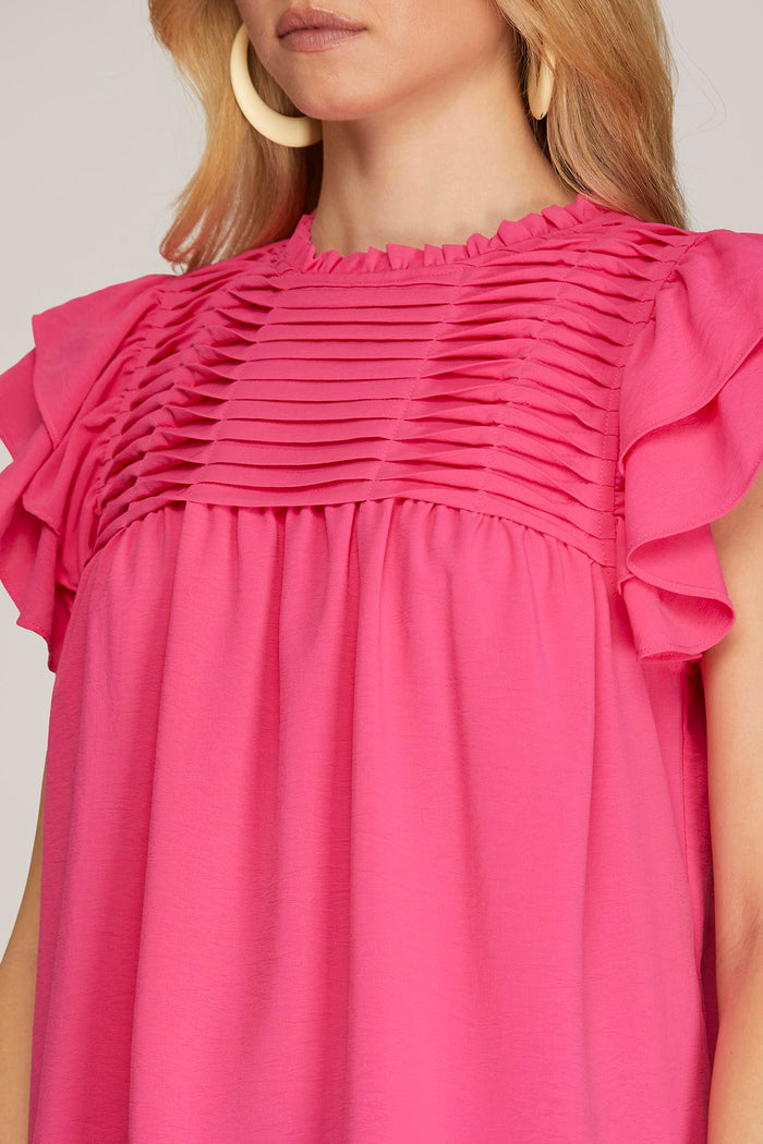 Hot Pink Ruffle Sleeve Pleated Top