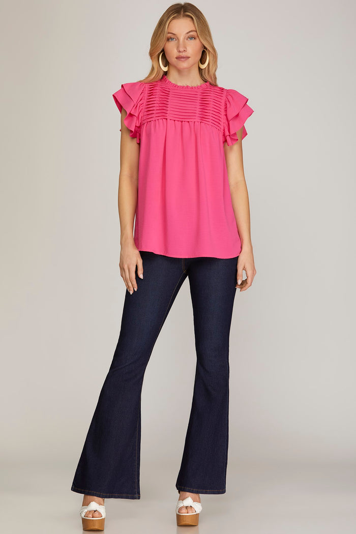 Hot Pink Ruffle Sleeve Pleated Top