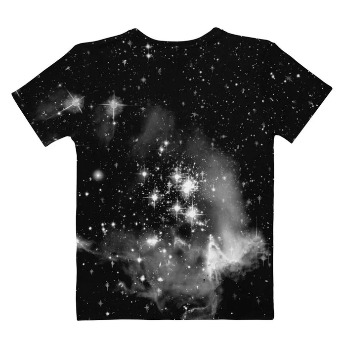 Howling Camels Women's Tee - The specific triangular composition of ecstatic camel heads in textured shades of desert tawny brown (#9E7E52) and sun-baked biscuit (#C8AD7F) against the deep obsidian (#050505) void, heavily dusted with starlight silver (#F0F0F0) specks and dramatic lens flares, directly mimicking the layout of the iconic "mystical wolf" tee.