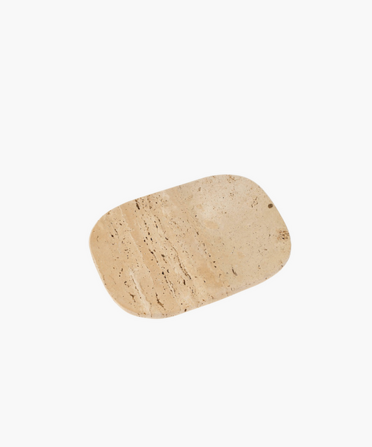 Rounded rectangular beige stone tray with natural dark veins on a white background. Texture suggests a smooth, earthy surface, radiating simplicity and elegance. | SW Home