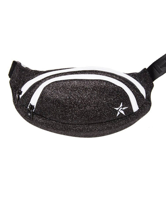 Black fanny pack with white zipper and a star design, adjustable strap.