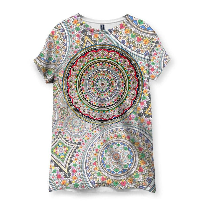 A kaleidoscope of spiritual mandalas explodes across the shirt in pointillist style, with a dominant circular medallion radiating from the chest in concentric rings. Contact us with accessibility feedback, we'd love to help!