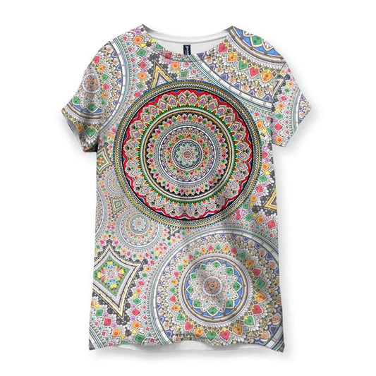 A kaleidoscope of spiritual mandalas explodes across the shirt in pointillist style, with a dominant circular medallion radiating from the chest in concentric rings. Contact us with accessibility feedback, we'd love to help!
