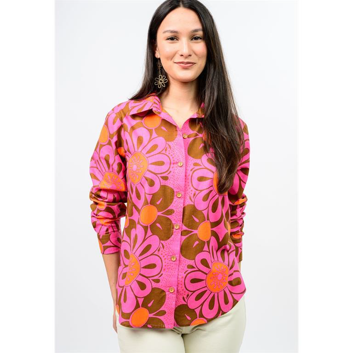 pink and brown button down top with large floral design