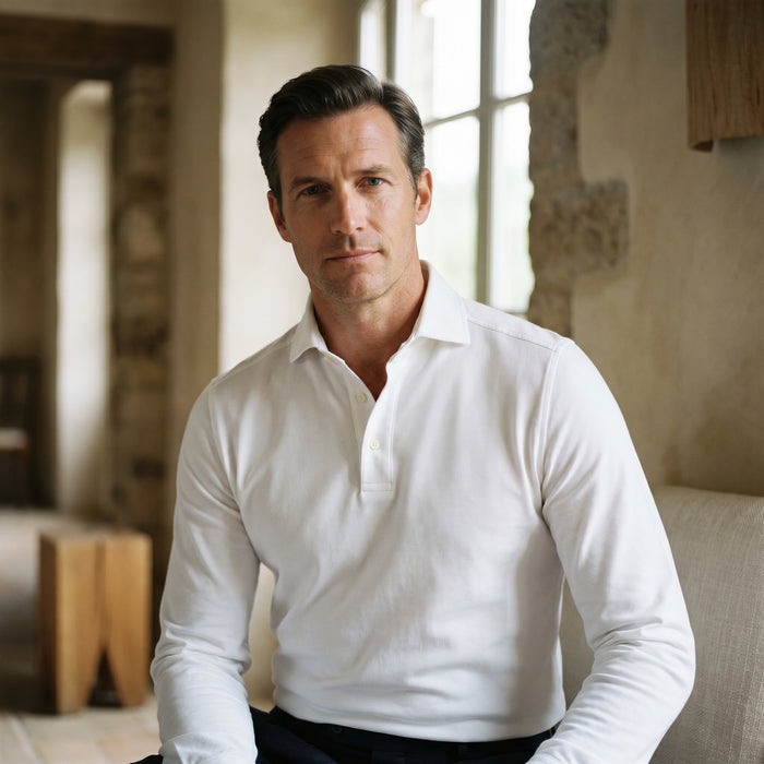 Jacquard Luxe Knit Polo, worn — Emanuel Berg
