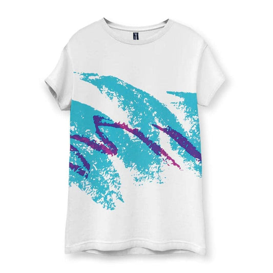 A stark white tee explodes with a massive 90s-style abstract swish across the chest—vibrant turquoise sweeping diagonally like a dry-brush wave. Contact us with accessibility feedback, we'd love to help!