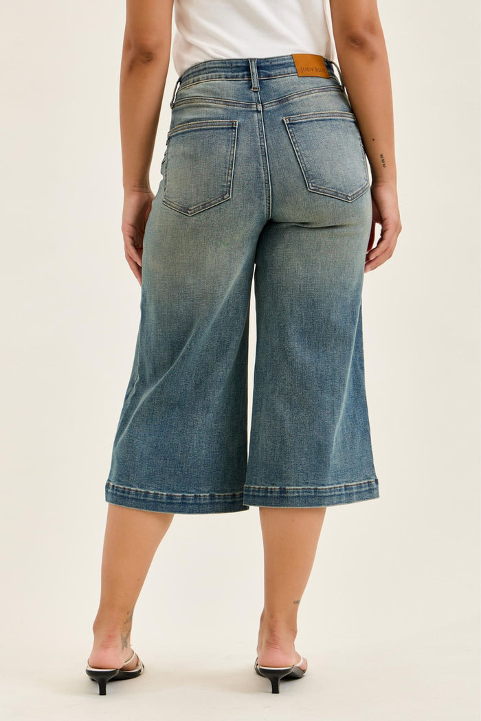 Judy Blue High Waist Marian Culotte with Side Shaping Seam Jeans Medium Warm Tinted Indigo