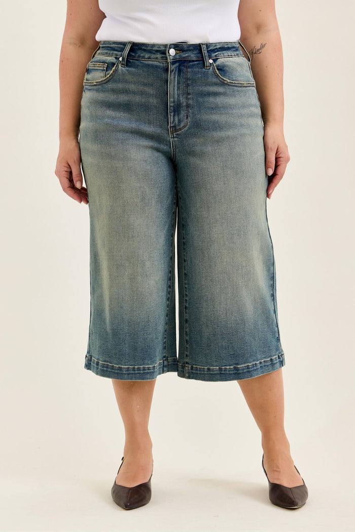Judy Blue High Waist Marian Culotte with Side Shaping Seam Jeans Medium Warm Tinted Indigo