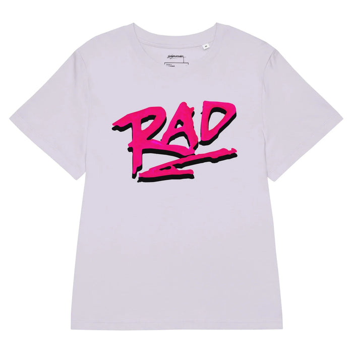 A pale lavender tee features "RAD" in jagged, electric magenta lettering with bold black drop shadows, channeling raw 80s street art energy. Contact us with accessibility feedback, we'd love to help!