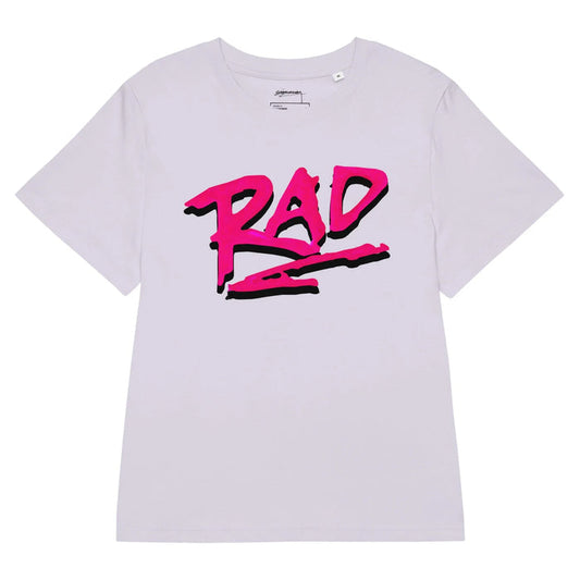 A pale lavender tee features "RAD" in jagged, electric magenta lettering with bold black drop shadows, channeling raw 80s street art energy. Contact us with accessibility feedback, we'd love to help!
