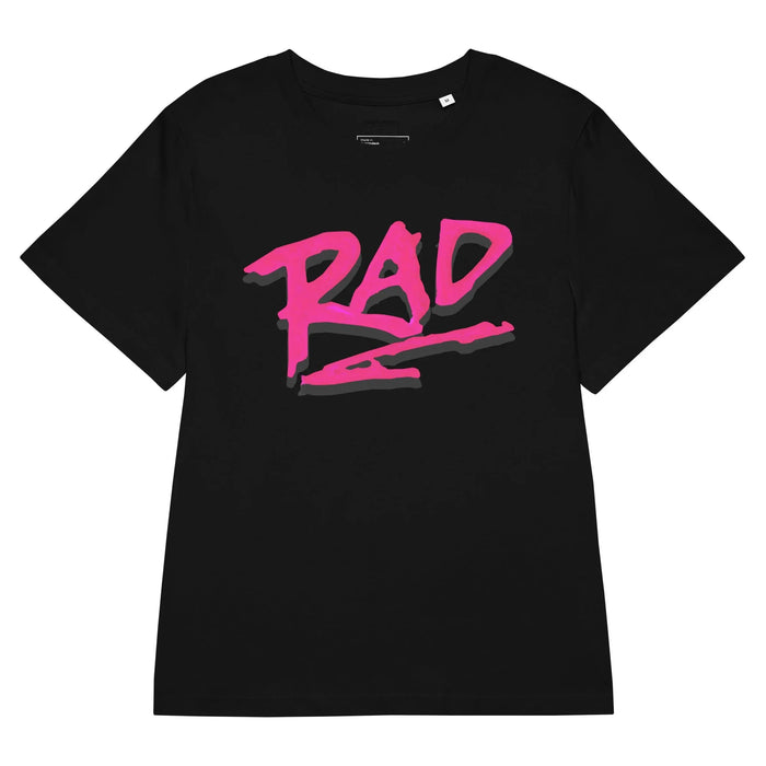 Just a Rad Women's Tee - The jagged electric magenta (#FF00CC) brushstroke text offset by a hard-edged jet black (#000000) drop shadow