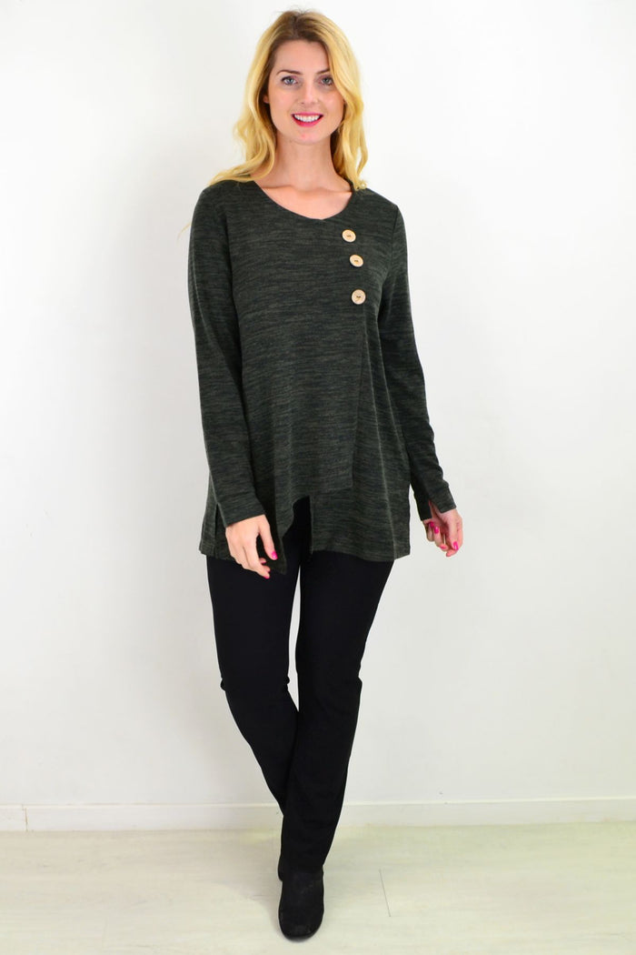 Khaki Caroline Morgan 3-button knit tunic top with long sleeves and a relaxed fit, perfect for casual wear.