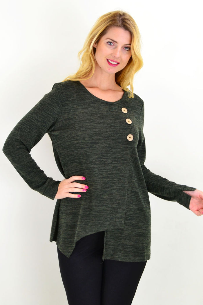 Khaki knit tunic top with three-button detail by Caroline Morgan, featuring a relaxed fit and casual style.