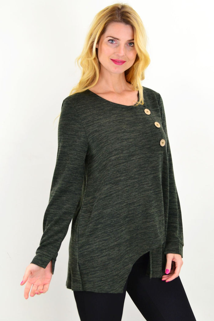 Khaki 3-button knit tunic top by Caroline Morgan, featuring a relaxed fit and stylish neckline, shown on a model.