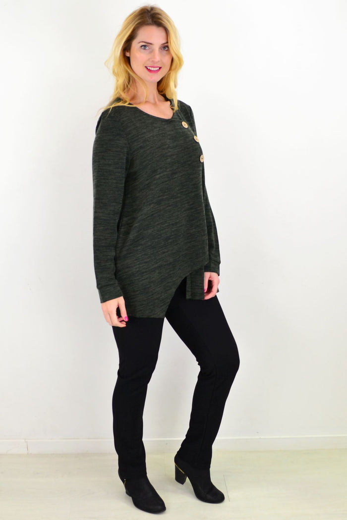Khaki knit tunic top with 3 button detail from Caroline Morgan, casual and stylish women's tunic.