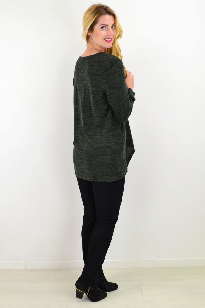 Khaki 3-button knit tunic top by Caroline Morgan, featuring a relaxed fit and stylish design, displayed on a model.