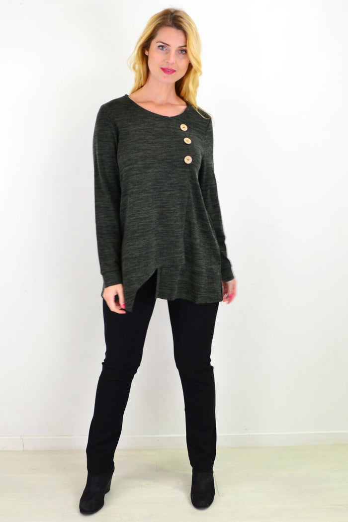 Khaki 3-button knit tunic top by Caroline Morgan, featuring a relaxed fit and button details, styled in a cozy, casual look.