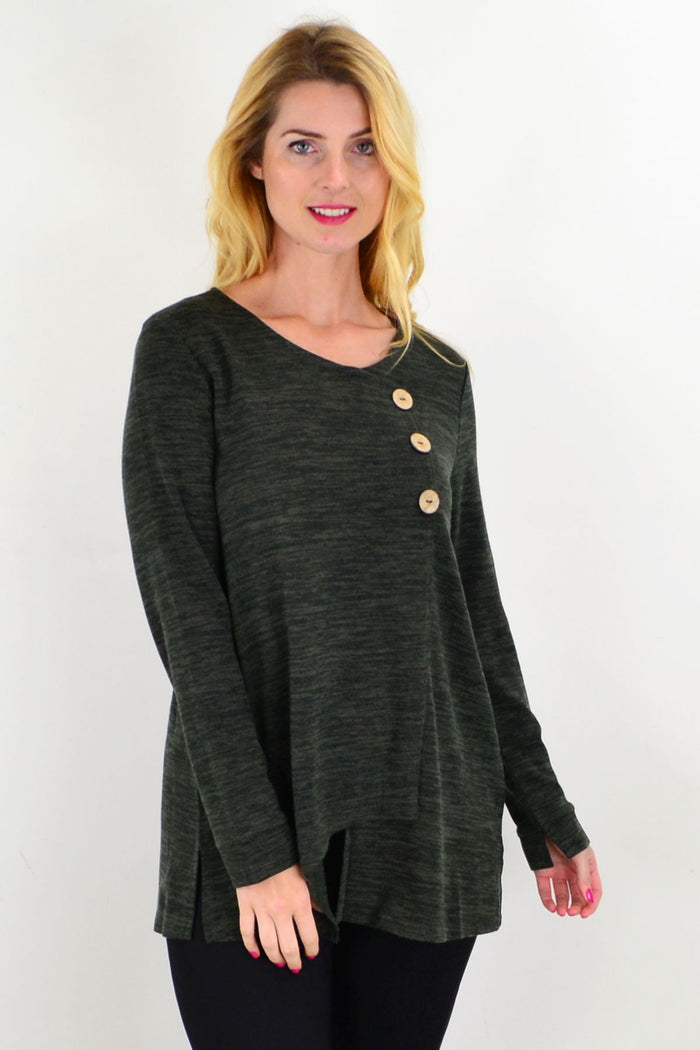 Khaki 3-button knit tunic top by Caroline Morgan, featuring a relaxed fit and classic design, perfect for casual wear.