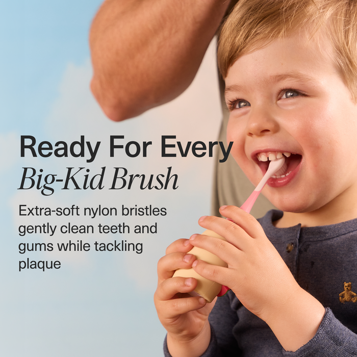 Smiling child brushes with Replacement Heads for Kids Sonic Toothbrush; adult assists gently.
