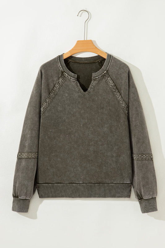 Lace Patchwork Detail Notched Neck Mineral Wash Baggy Sweatshirt - Tops/Sweatshirts & Hoodies