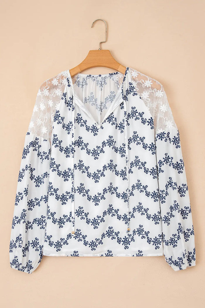 Lace Patchwork Floral Bubble Sleeve V-Neck Blouse - Tops/Blouses & Shirts