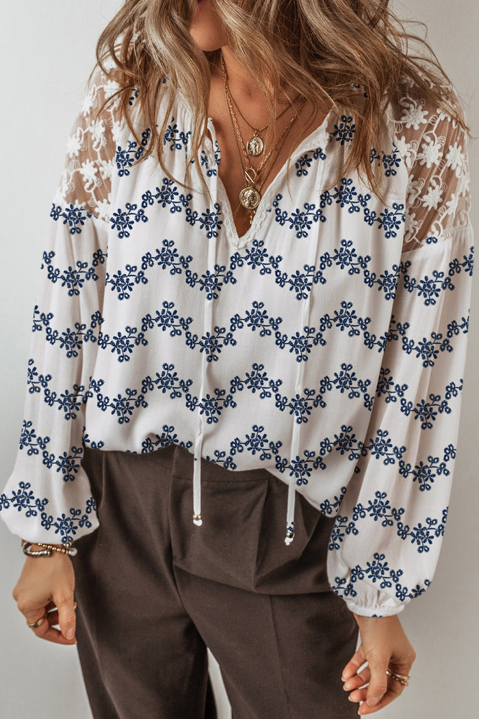 Lace Patchwork Floral Bubble Sleeve V-Neck Blouse - Blue / S - Tops/Blouses & Shirts