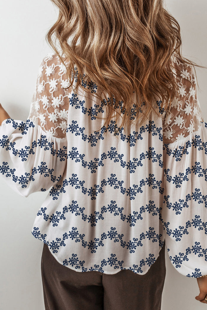 Lace Patchwork Floral Bubble Sleeve V-Neck Blouse - Tops/Blouses & Shirts