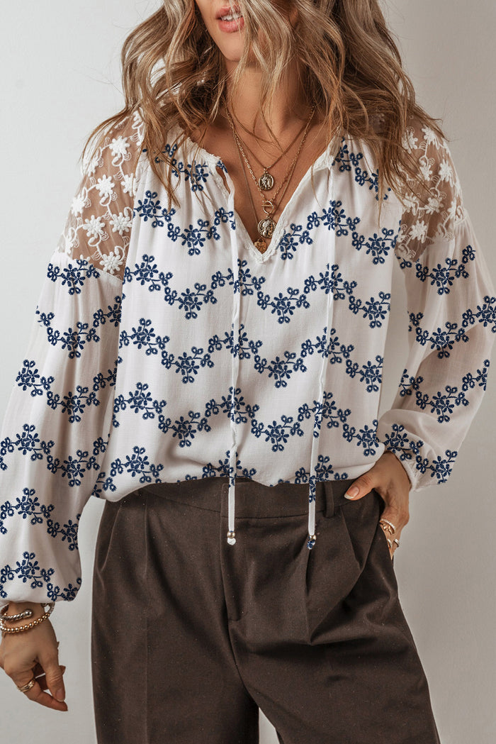 Lace Patchwork Floral Bubble Sleeve V-Neck Blouse - Tops/Blouses & Shirts