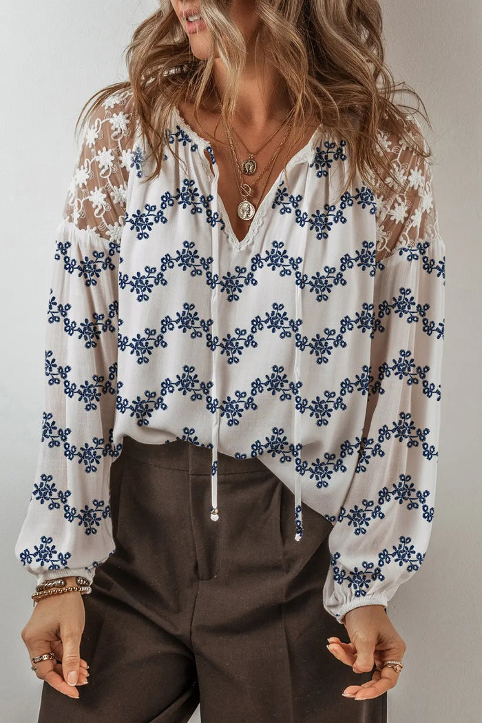 Lace Patchwork Floral Bubble Sleeve V-Neck Blouse - Tops/Blouses & Shirts