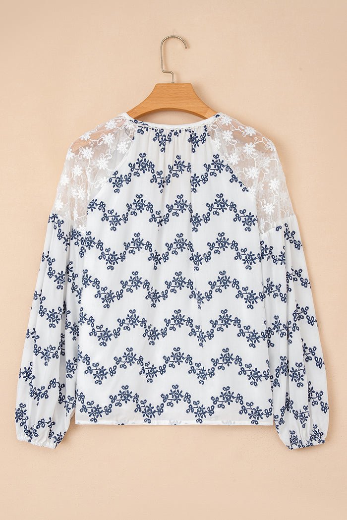Lace Patchwork Floral Bubble Sleeve V-Neck Blouse - Tops/Blouses & Shirts
