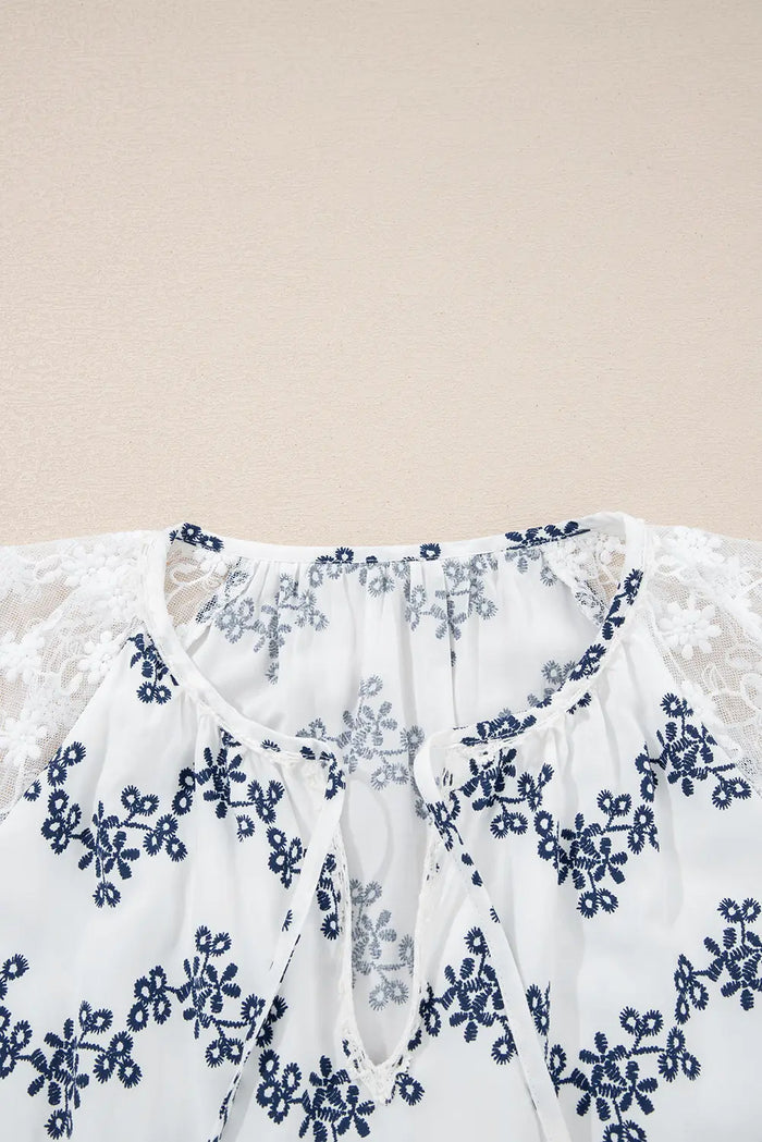 Lace Patchwork Floral Bubble Sleeve V-Neck Blouse - Tops/Blouses & Shirts