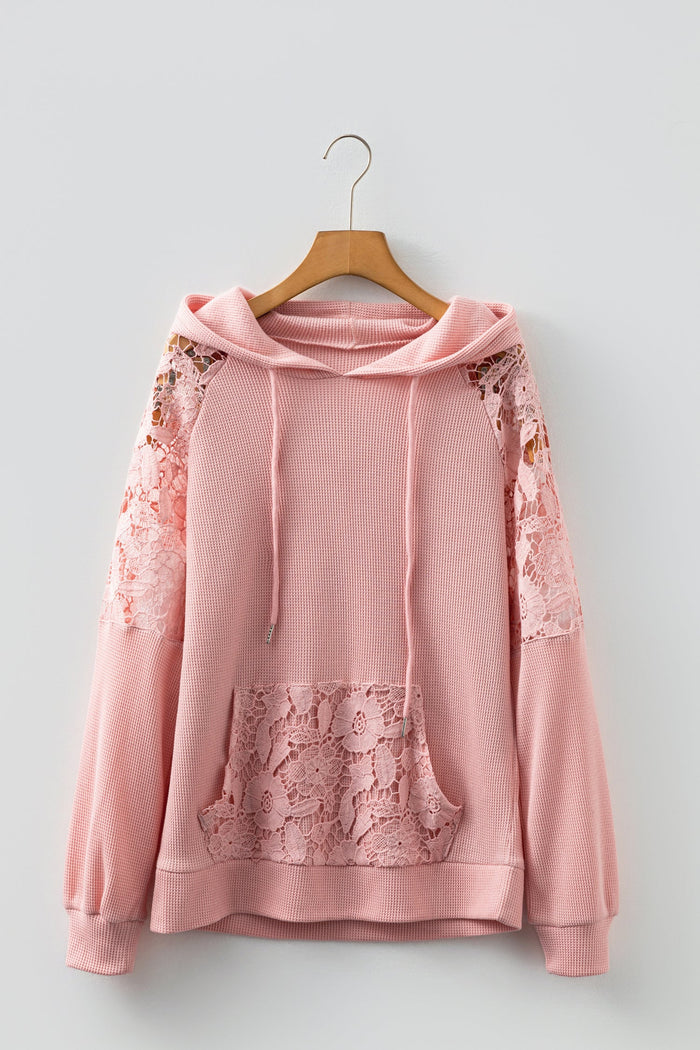 Lace Patchwork Raglan Sleeve Kangaroo Pocket Waffle Hoodie - Tops/Sweatshirts & Hoodies
