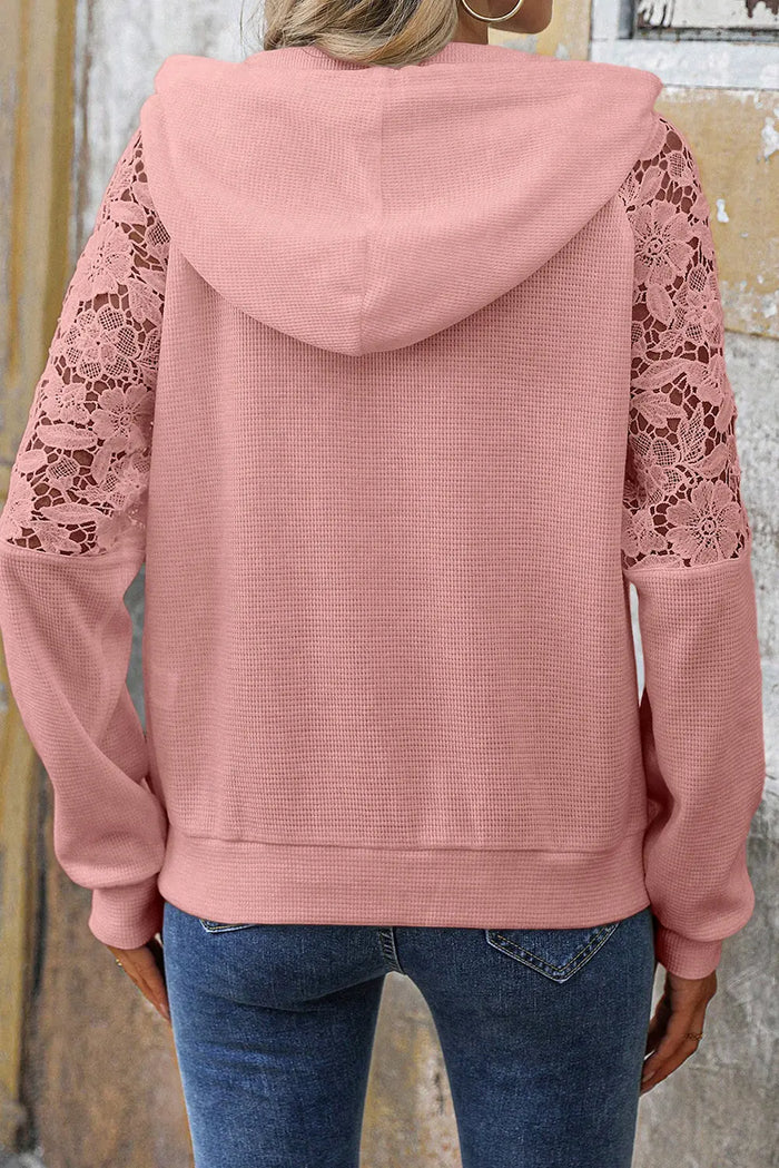 Lace Patchwork Raglan Sleeve Kangaroo Pocket Waffle Hoodie - Tops/Sweatshirts & Hoodies