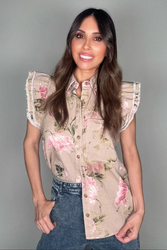 Style the Latte Floral Denim Ruffle Top exclusively at Born To Glam