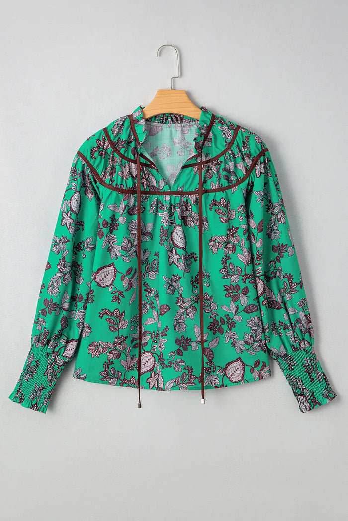 Leaf Print Contrast Trim V-Neck Shirred Puff Sleeve Blouse - Tops/Blouses & Shirts