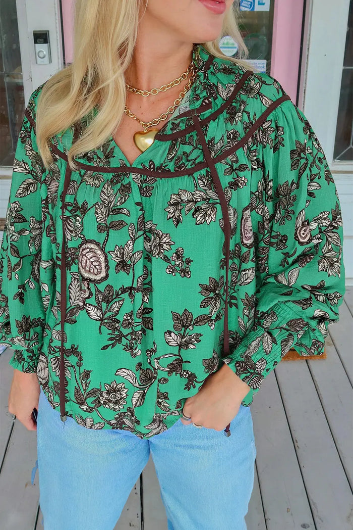 Leaf Print Contrast Trim V-Neck Shirred Puff Sleeve Blouse - Green / S - Tops/Blouses & Shirts