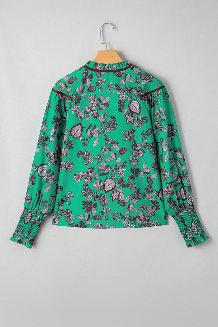 Leaf Print Contrast Trim V-Neck Shirred Puff Sleeve Blouse - Tops/Blouses & Shirts