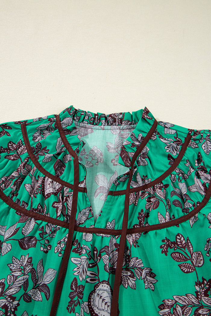 Leaf Print Contrast Trim V-Neck Shirred Puff Sleeve Blouse - Tops/Blouses & Shirts