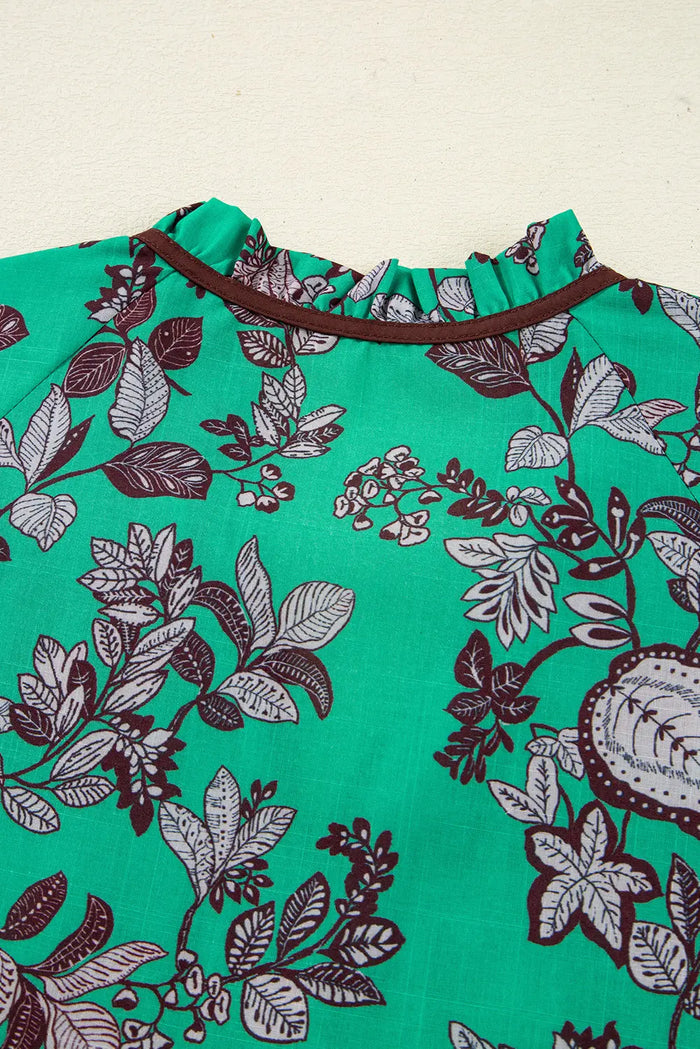 Leaf Print Contrast Trim V-Neck Shirred Puff Sleeve Blouse - Tops/Blouses & Shirts