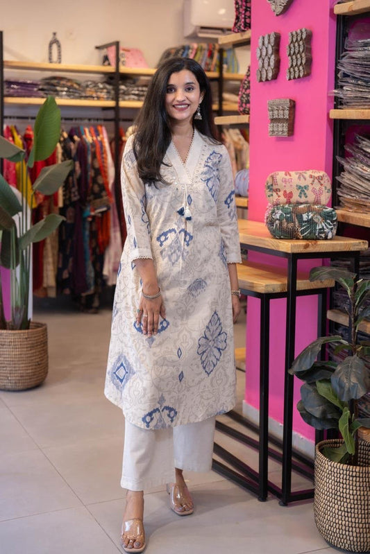 Leena Ikkat Slub Cotton Set- Blue