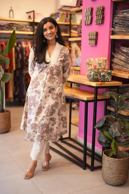 Leena Ikkat Slub Cotton Set- Lavender