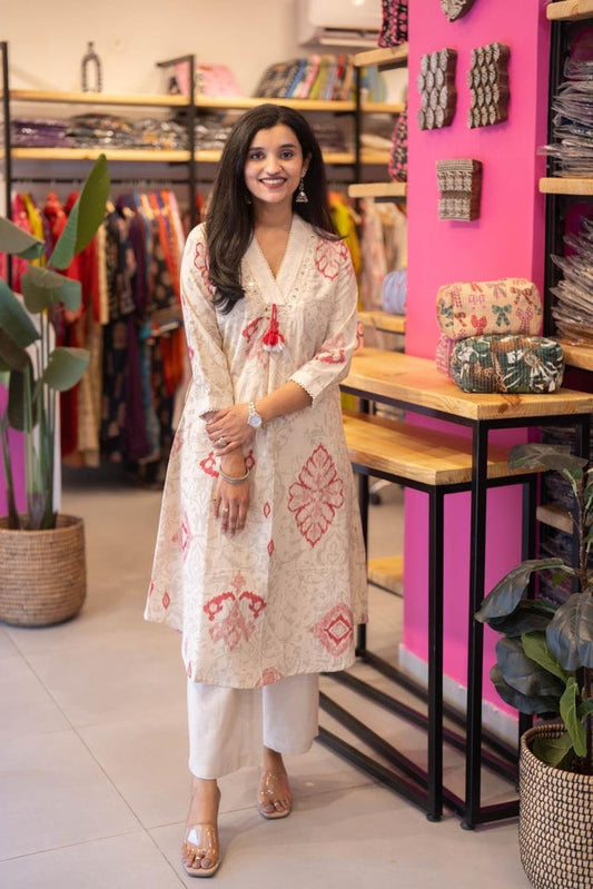 Leena Ikkat Slub Cotton Set- Red