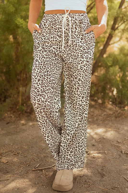Leopard Drawstring Elastic Waistband Loose Pants - Brown / S - Bottoms/Pants & Culotte