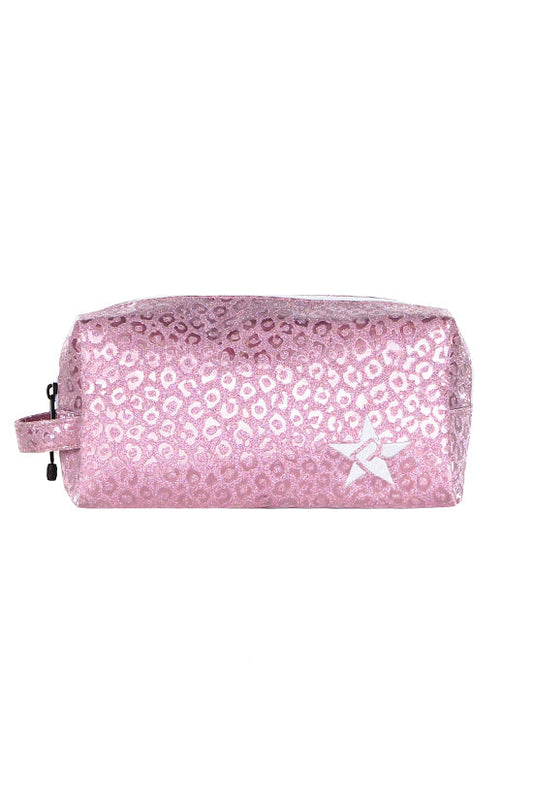 Leopard in Pink Rebel Makeup Bag with White Zipper