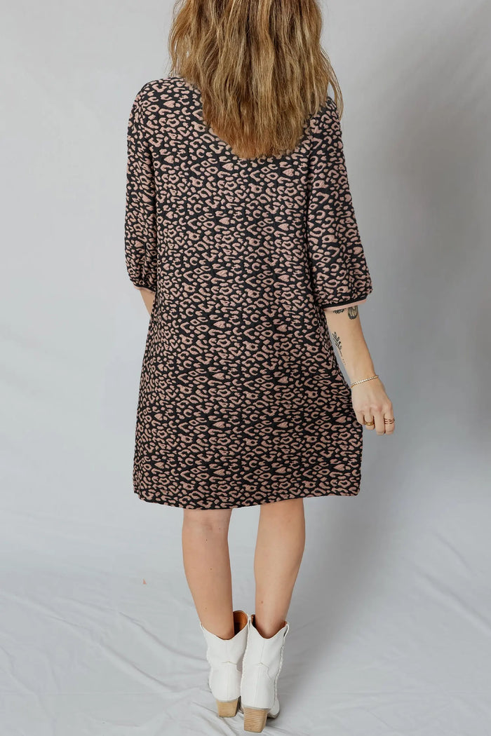 Leopard Print Bubble Sleeve Shift Mini Dress - Dresses/Mini Dresses