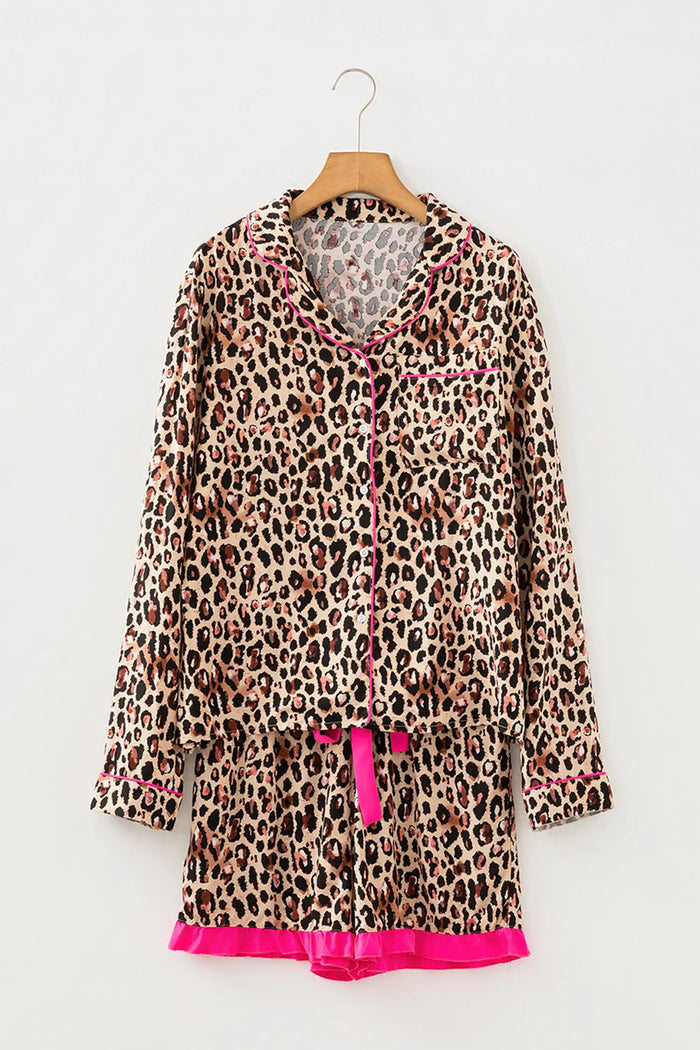 Leopard Print Contrast Trim Long Sleeve Shirt Shorts Pyjama Set - Loungewear & Sleepwear/Pyjama